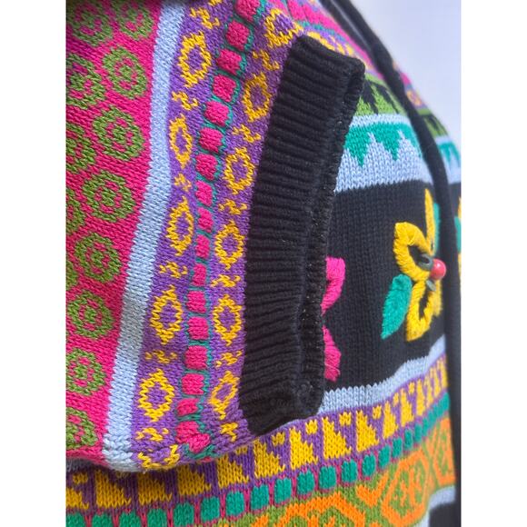 LizWear Vintage 1990's Knit Cotton Floral Embroidered Short Sleeve Cardigan-S - Picture 6 of 11
